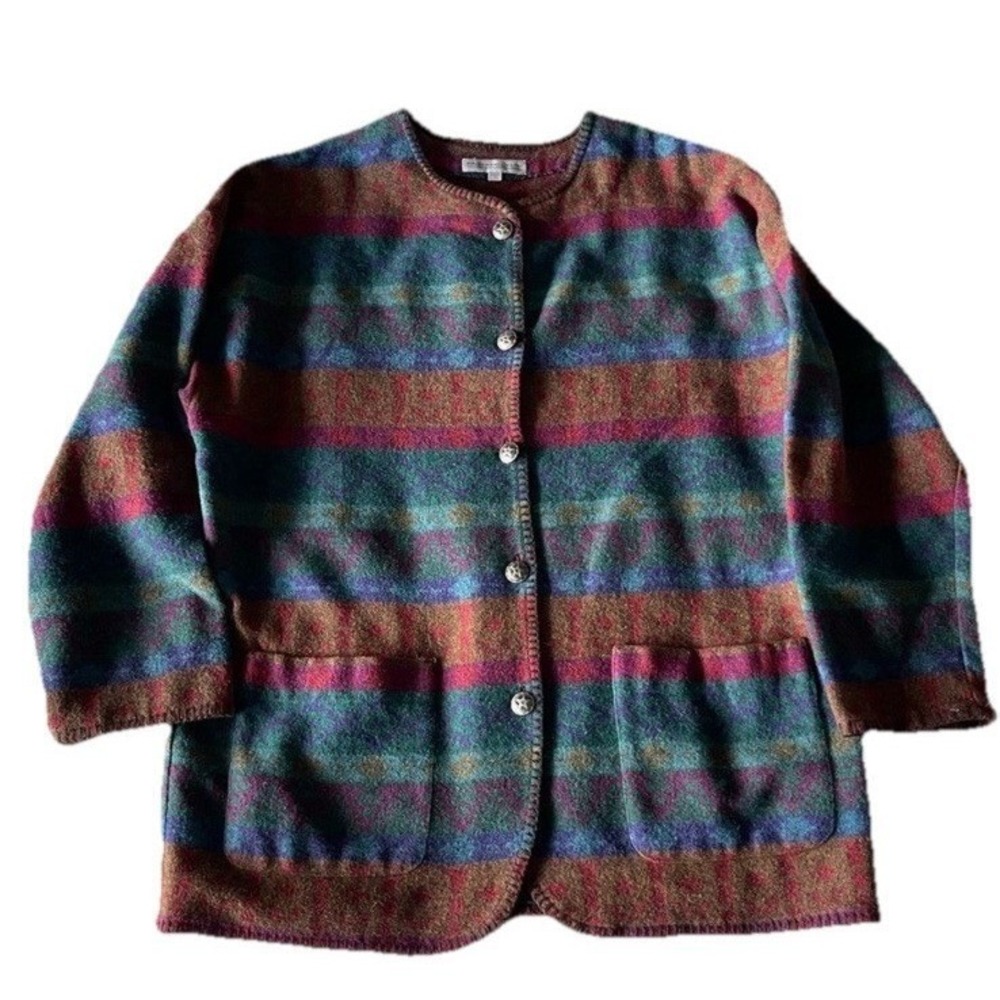 Preston & York Womens Large Southwestern Striped‎ Button Front Cardigan Sweater